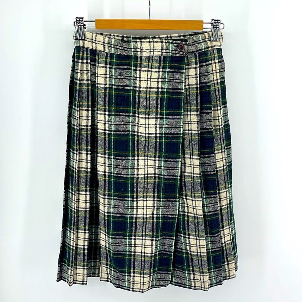 Vintage Lasting Impressions Wool (?) Plaid Pleated Wrap Academic Midi Skirt